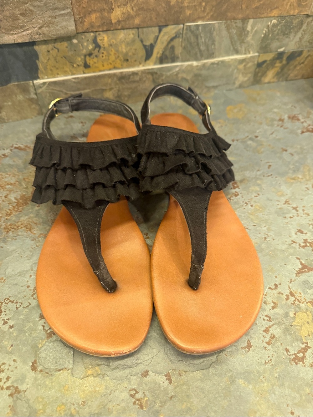 2/$10 or 3/$12 ❤️ Fergalicious by Fergie Black Suede-like Ruffle Thong Sandals